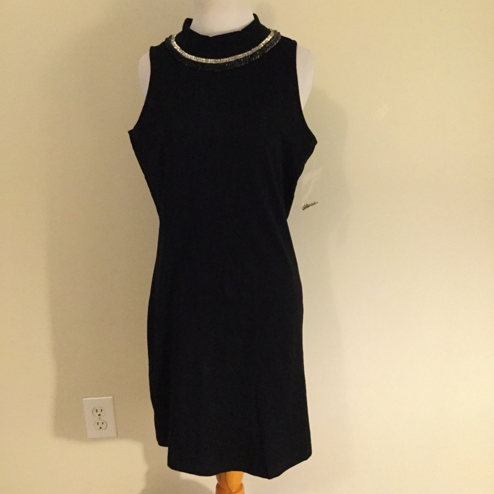 Three dots black sleeveless dress beaded neckline